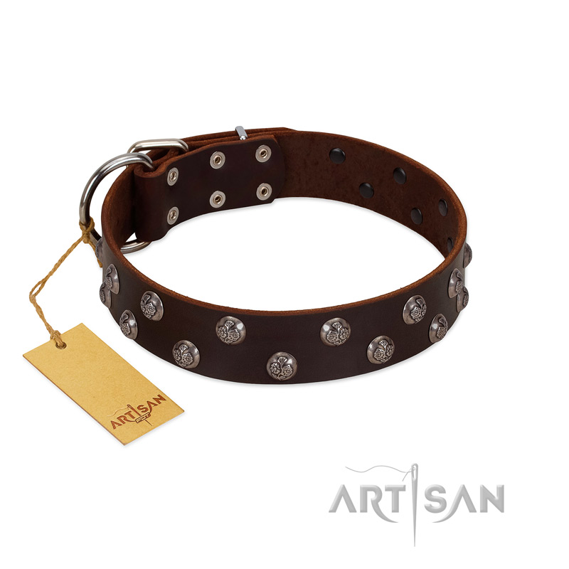"Blossom Jewel" FDT Artisan Brown Leather Dogue de Bordeaux Collar with Two Rows of Silver-like Studs with Engraved Flowers - Click Image to Close