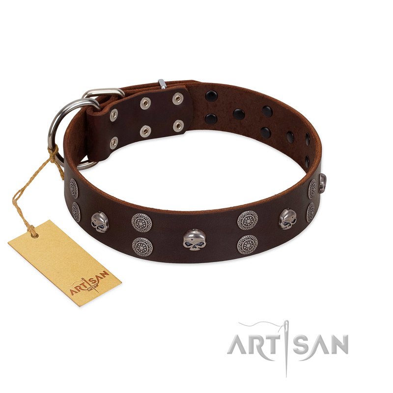 "Skull Valley" Handcrafted FDT Artisan Brown Leather Dogue de Bordeaux Collar with Skulls