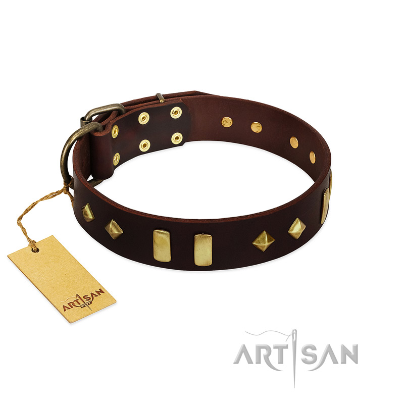 "Blinking Illusion" FDT Artisan Brown Leather Dogue de Bordeaux Collar with Old Bronze-like Studs and Plates