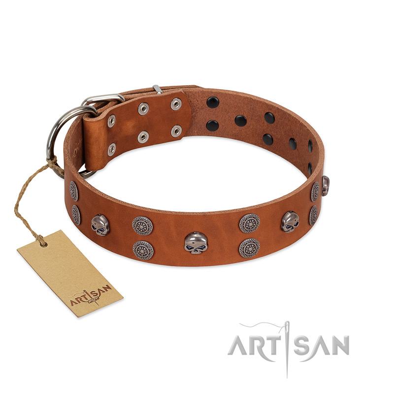 "Road Rider" FDT Artisan Tan Leather Dogue de Bordeaux Collar with Old Silver-like Skulls and Medallions