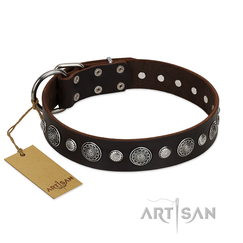 "Victory Ode" FDT Artisan Brown Leather Dogue de Bordeaux Collar with Silver-like Plated Decorations - Click Image to Close
