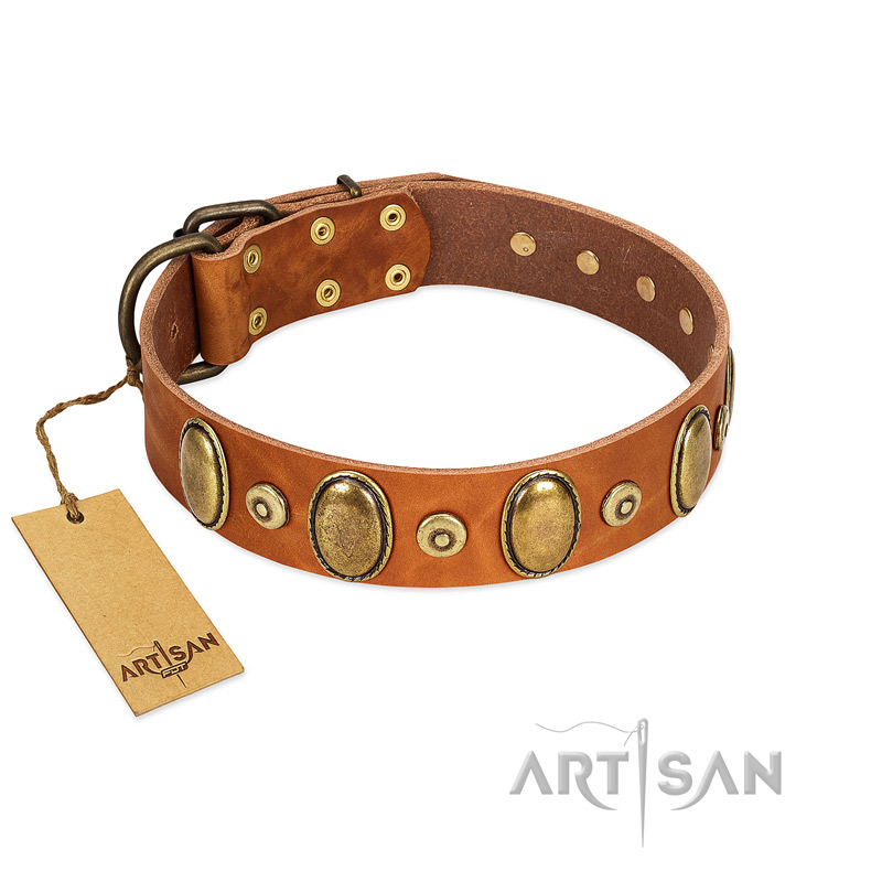 "Crystal Sand" FDT Artisan Tan Leather Dogue de Bordeaux Collar with Vintage Looking Oval and Round Studs