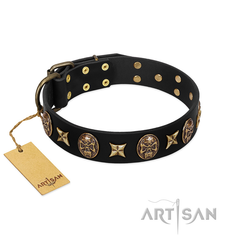 "Starry Saga" FDT Artisan Black Leather Dogue de Bordeaux Collar with Stars and Skulls