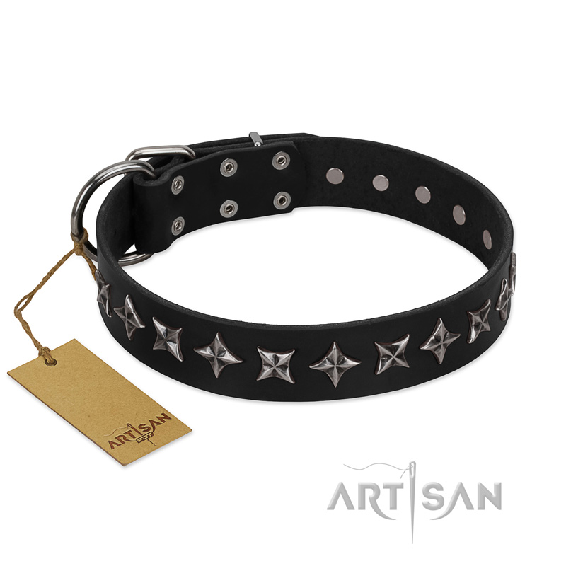 "Lights-out" FDT Artisan Black Leather Dogue de Bordeaux Collar with Silver-like Set of Stars