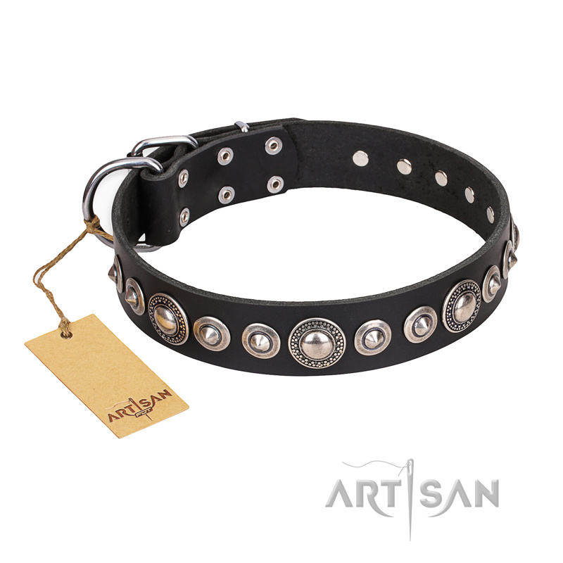 "Strict Elegance" FDT Artisan Black Leather Dogue de Bordeaux Collar with Decorations - Click Image to Close