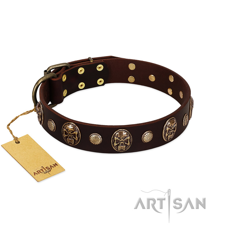 "Snazzy Paws" FDT Artisan Brown Leather Dogue de Bordeaux Collar Adorned with Conchos and Medallions