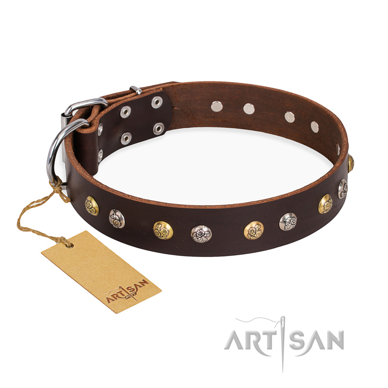 "Rare Flower" FDT Artisan Brown Leather Dogue de Bordeaux Collar Adorned with Old-look Hemisphere Studs - Click Image to Close
