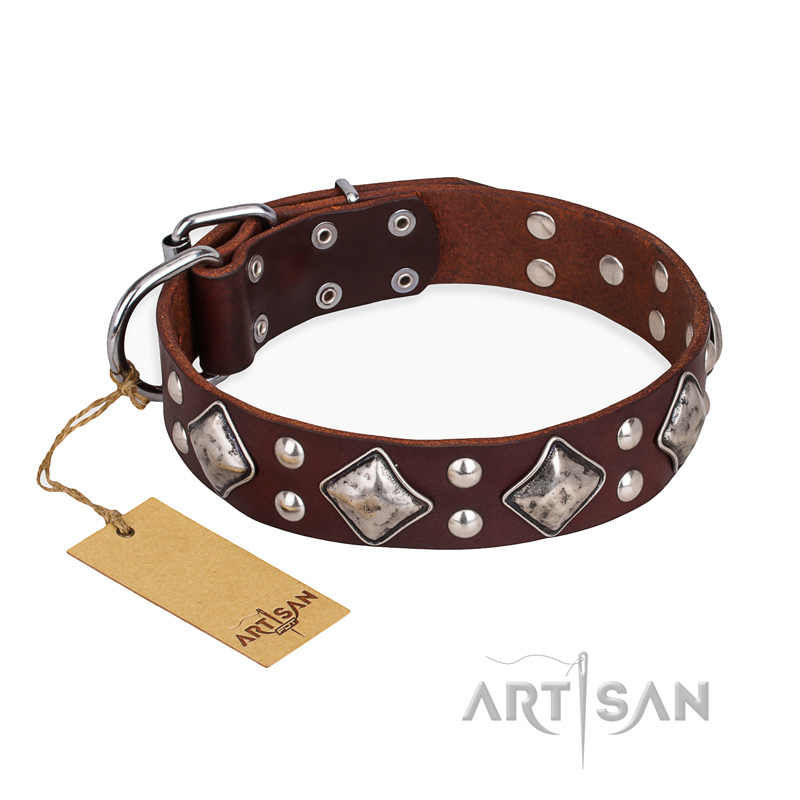 "King of Grace" FDT Artisan Stylish Leather Dogue de Bordeaux Collar with Old Silver-Like Plated Decorations - Click Image to Close