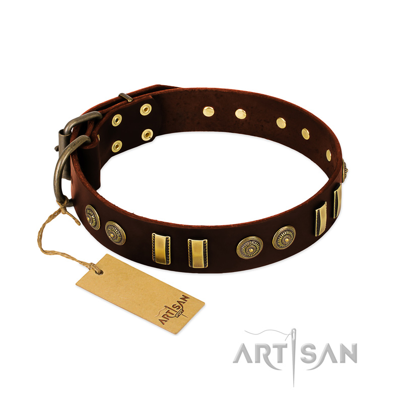 "Golden Elegance" FDT Artisan Brown Leather Dogue de Bordeaux Collar with Old Bronze-like Decorations
