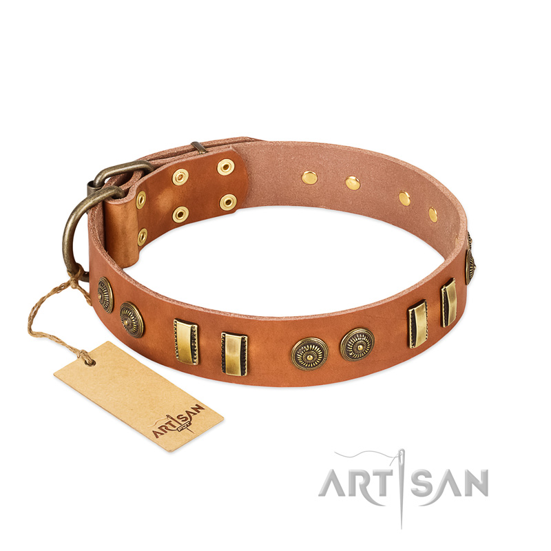 "Natural Beauty" FDT Artisan Tan Leather Dogue de Bordeaux Collar with Old Bronze-like Circles and Plates