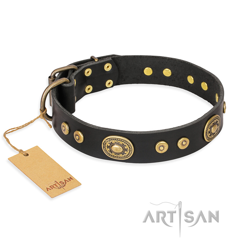 "Golden Radiance" FDT Artisan Black Leather Dogue de Bordeaux Collar with Old Bronze Look Ovals and Circles
