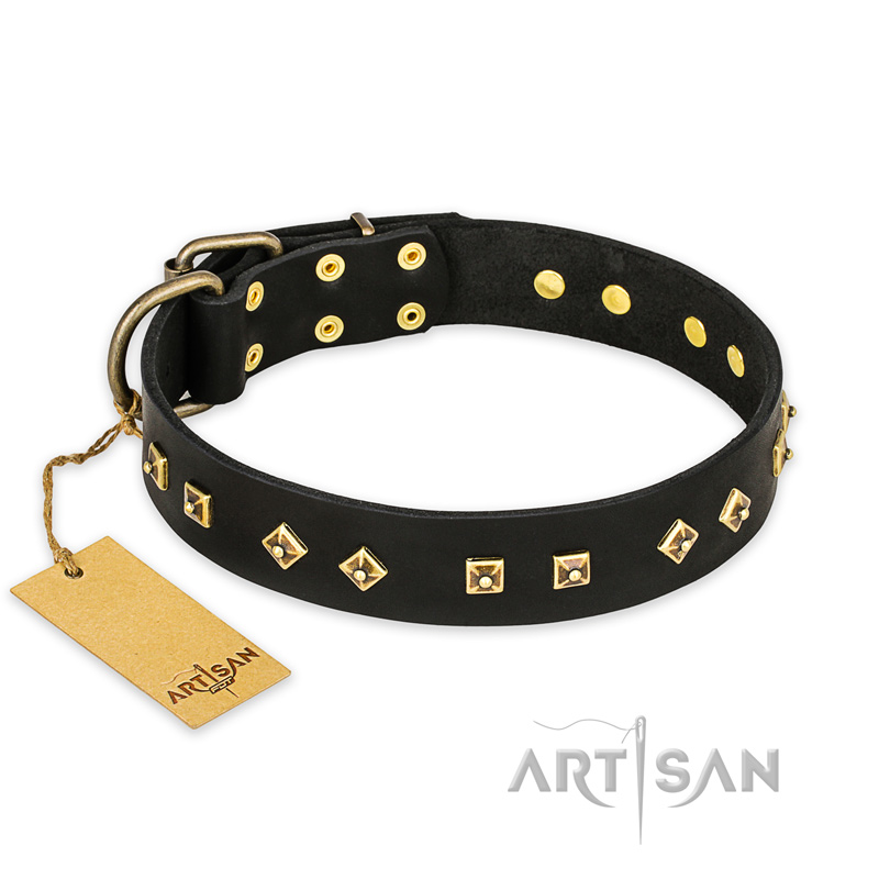 "Rhomb Style" FDT Artisan Decorated Leather Dogue de Bordeaux Collar with Old Bronze-Plated Studs 1 1/2 inch (40 mm) Wide