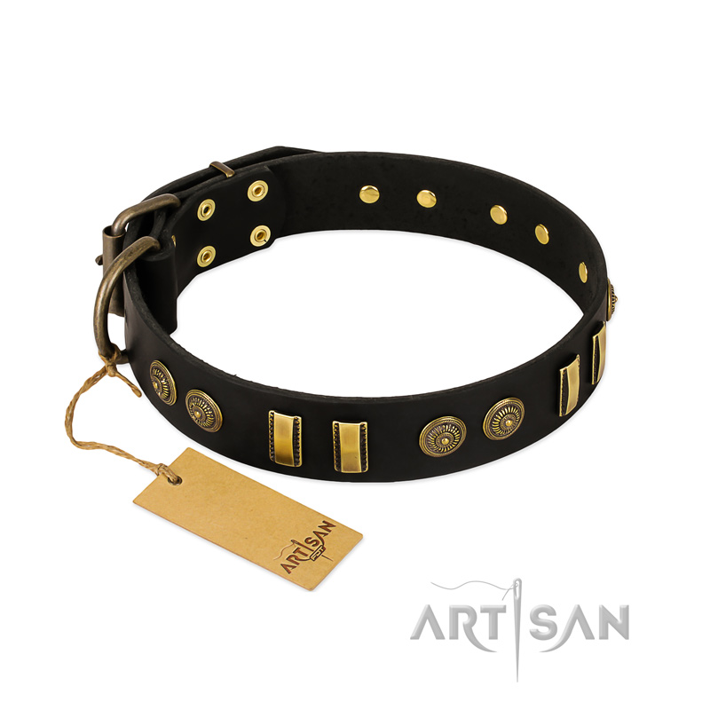 "Simple Elegance" FDT Artisan Black Leather Dogue de Bordeaux Collar with Old Bronze-like Plates and Circles - Click Image to Close