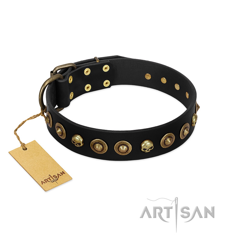 "Reckless Mutt" FDT Artisan Black Leather Dogue de Bordeaux Collar with Skulls and Brooches