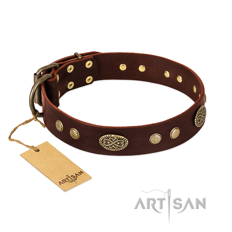 "Old-fashioned Glamor" FDT Artisan Brown Leather Dogue de Bordeaux Collar with Old Bronze Look Plates and Circles - Click Image to Close