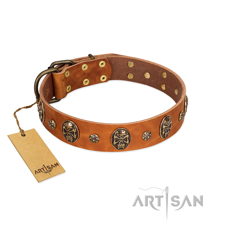 "Rockstar" FDT Artisan Tan Leather Dogue de Bordeaux Collar with Engraved Studs and Medallions