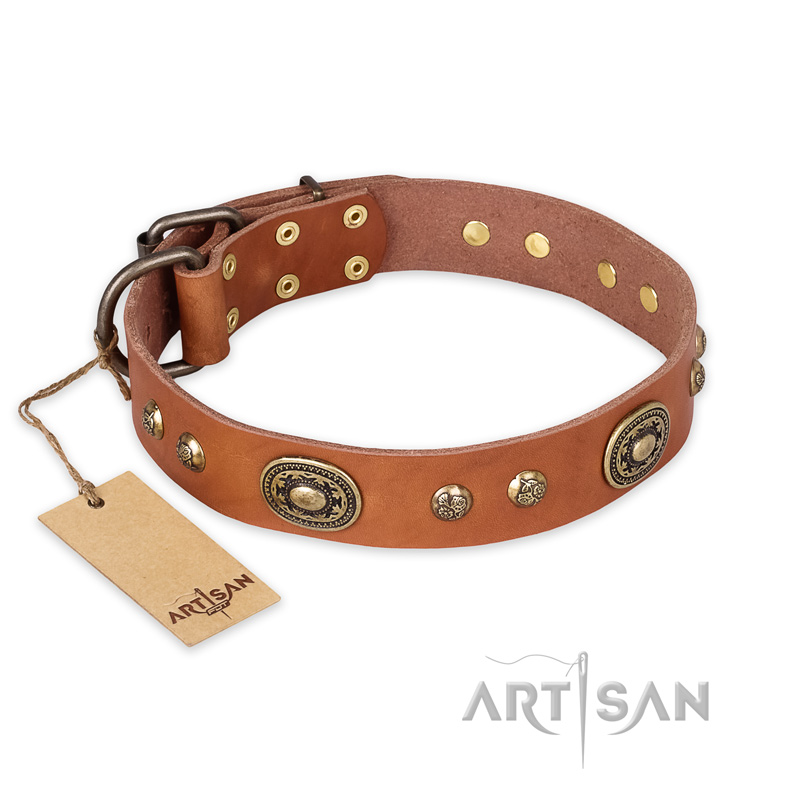 "Stunning Dress" FDT Artisan Tan Leather Dogue de Bordeaux Collar with Old Bronze Look Plates and Studs - Click Image to Close