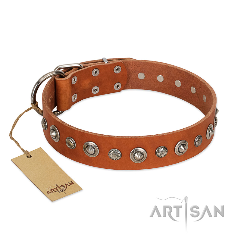 "Gorgeous Roundie" FDT Artisan Tan Leather Dogue de Bordeaux Collar with Chrome-plated Circles