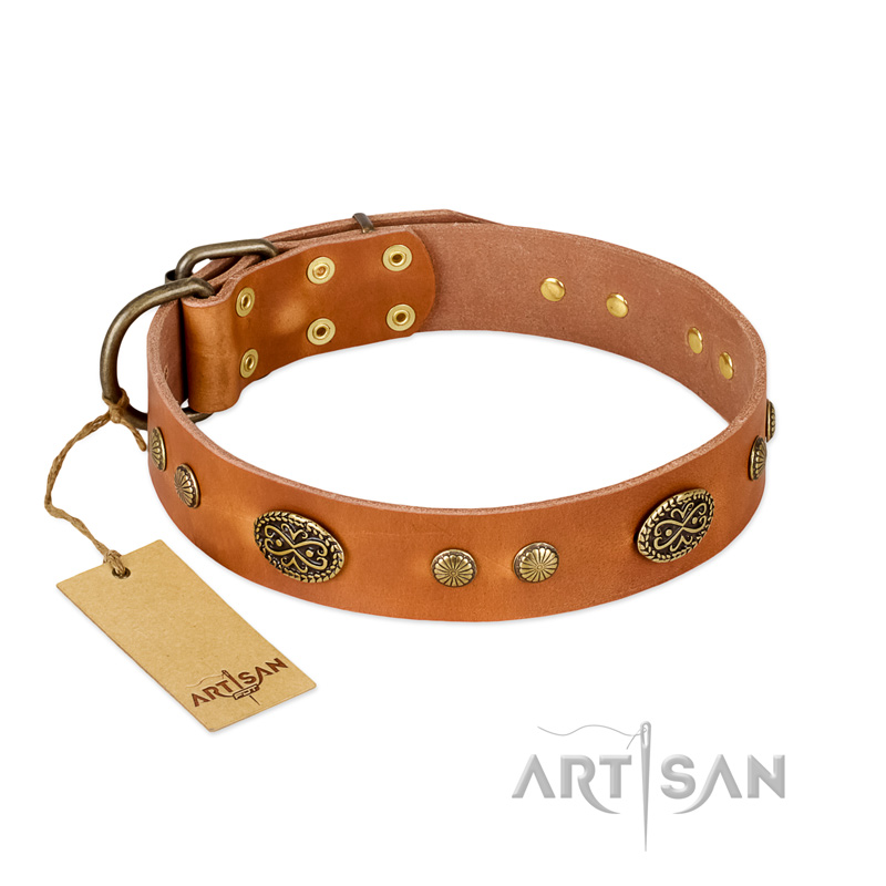 "Sun Beams" FDT Artisan Tan Leather Dogue de Bordeaux Collar with Decorations - Click Image to Close