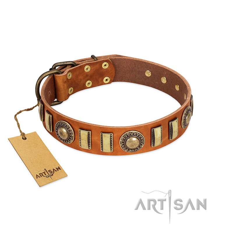 "Happy Hound" FDT Artisan Tan Leather Dogue de Bordeaux Collar with Elegant Decorations