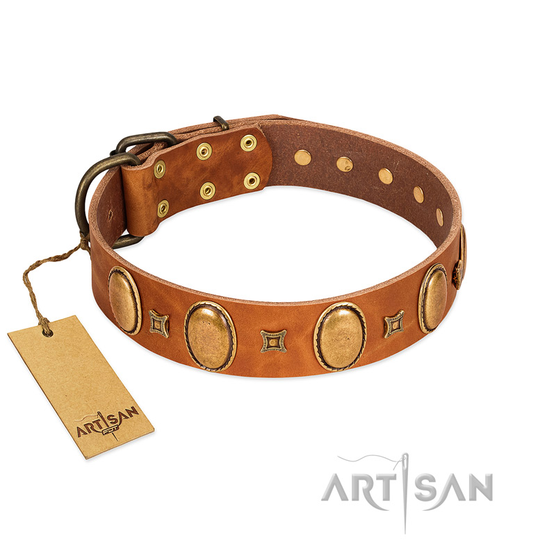 "Glossy Autumn" Designer Handmade FDT Artisan Tan Leather Dogue de Bordeaux Collar with Ovals and Studs - Click Image to Close