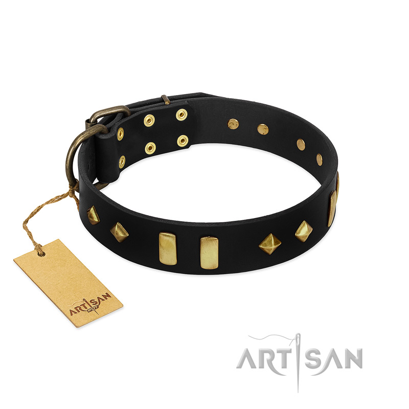 "De Luxe" FDT Artisan Black Leather Dogue de Bordeaux Collar with Old Bronze-like Plates and Studs - Click Image to Close
