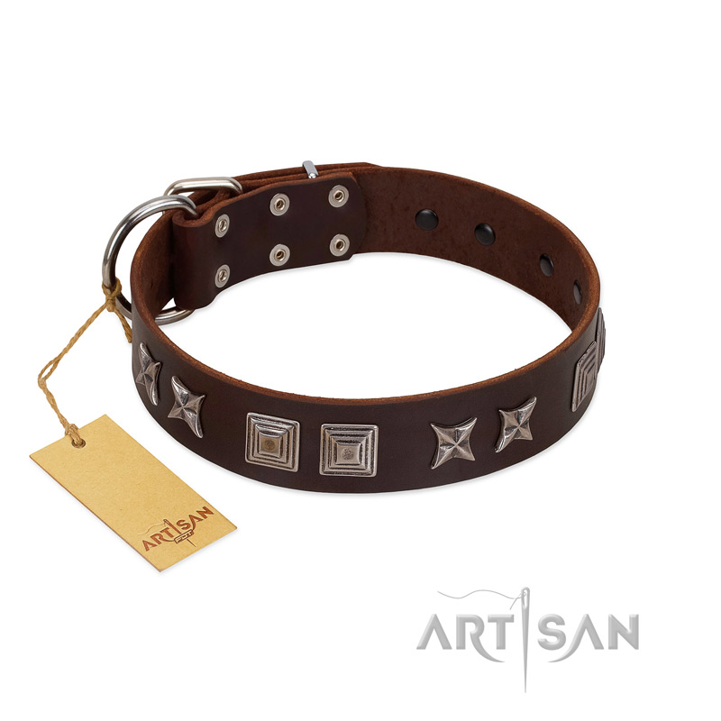 "Needle Stories" Modern FDT Artisan Brown Leather Dogue de Bordeaux Collar with Square Engraved Plates and Four-Point Stars