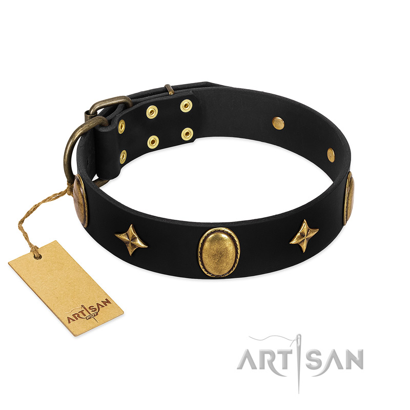 "Star Powder" FDT Artisan Black Leather Dogue de Bordeaux Collar with Ovals and Stars - 1 1/2 inch Wide