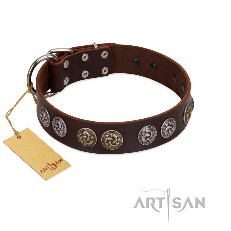 "Treasure Hunter" FDT Artisan Brown Leather Dogue de Bordeaux Collar with Old-Bronze-like and Silvery Medallions - Click Image to Close