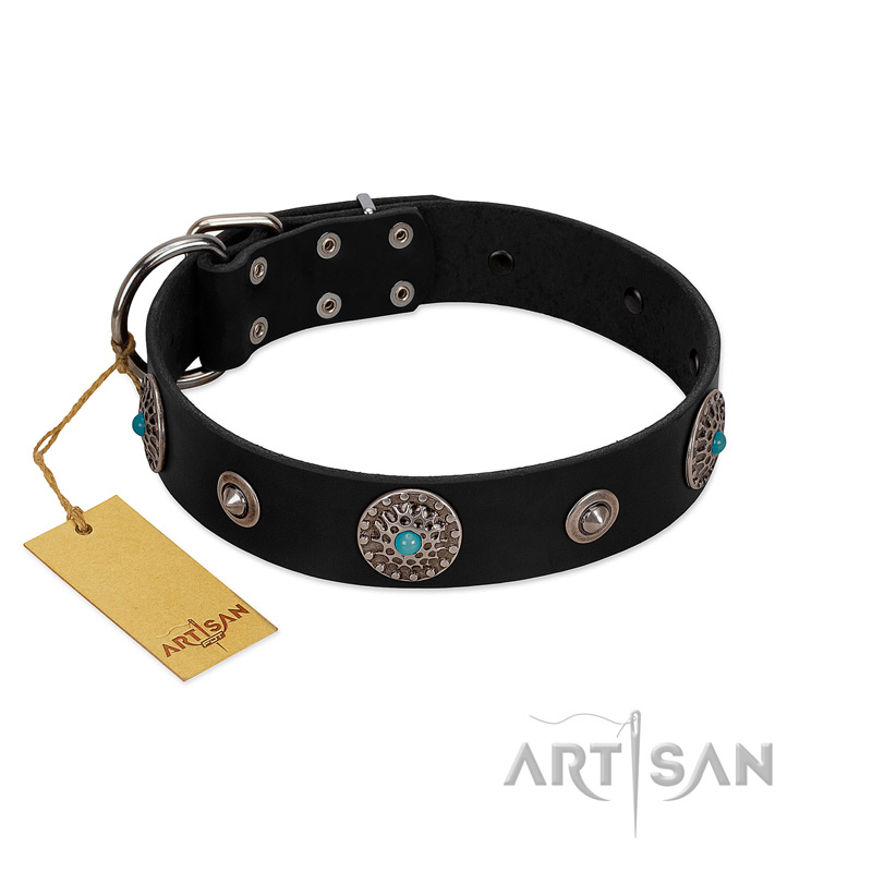 "Blue Gems" FDT Artisan Black Leather Dogue de Bordeaux Collar with Chrome Plated Studs and Conchos