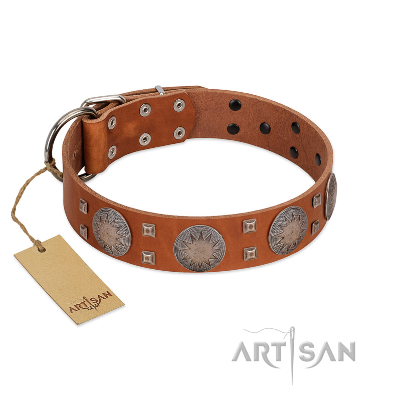 "Sun Rise Noon" FDT Artisan Tan Leather Dogue de Bordeaux Collar with Unique Design