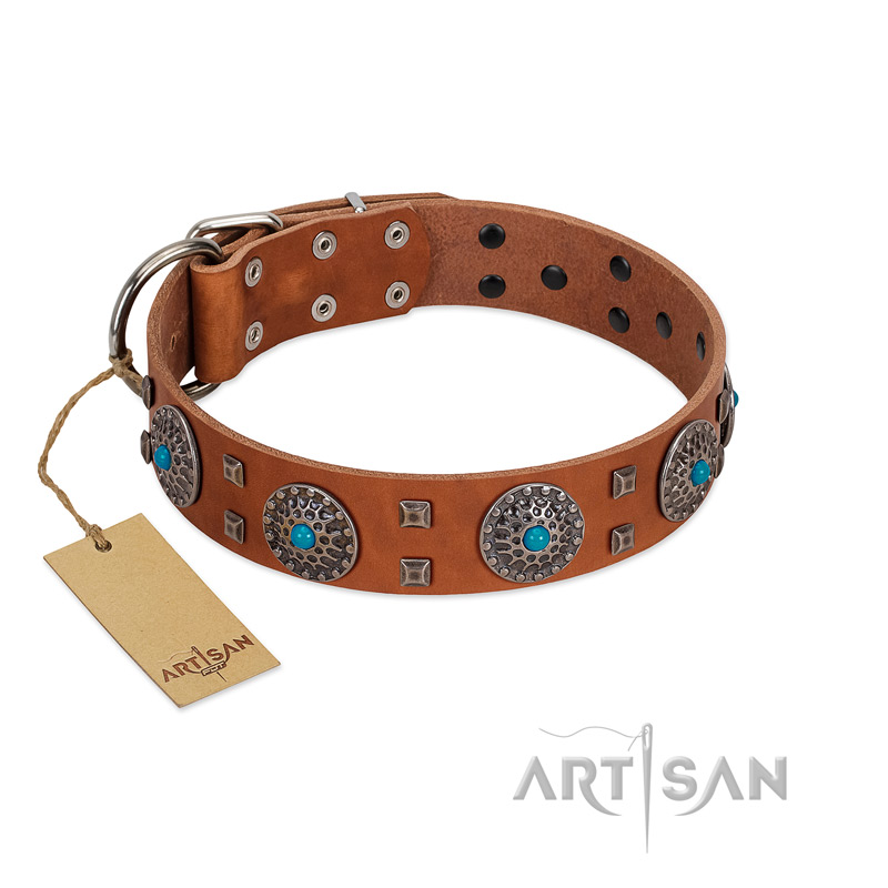 "Blue Sands" FDT Artisan Tan Leather Dogue de Bordeaux Collar with Silver-like Studs and Round Conchos with Stones