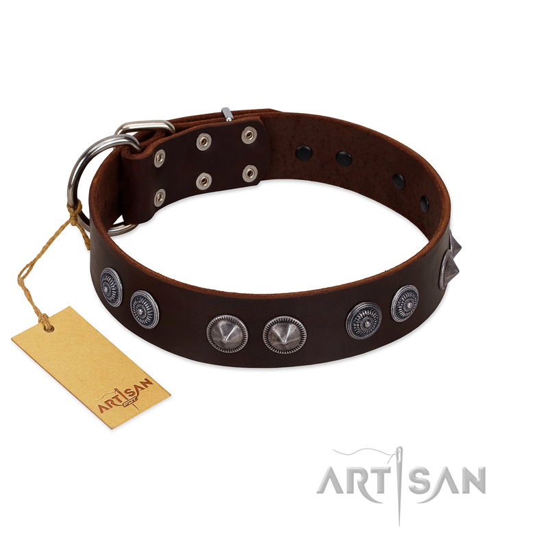 "King Arthur" FDT Artisan Brown Leather Dogue de Bordeaux Collar with Spiky Plates