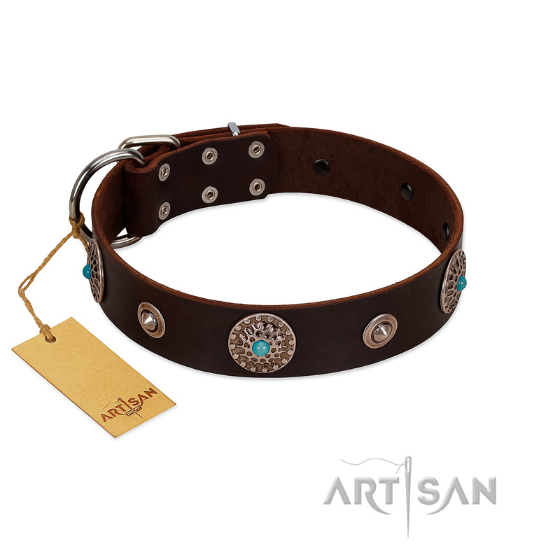 "Magic Stones" FDT Artisan Brown Leather Dogue de Bordeaux Collar with Chrome Plated Brooches and Studs - Click Image to Close