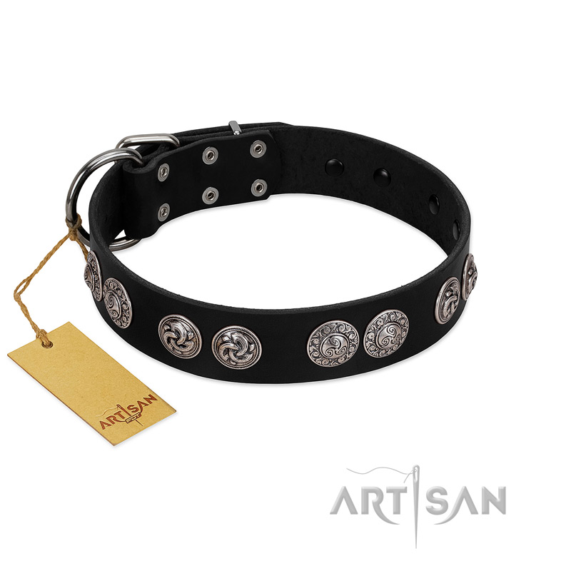 "Magic Amulete" Handcrafted FDT Artisan Black Leather Dogue de Bordeaux Collar with Chrome-Plated Shields