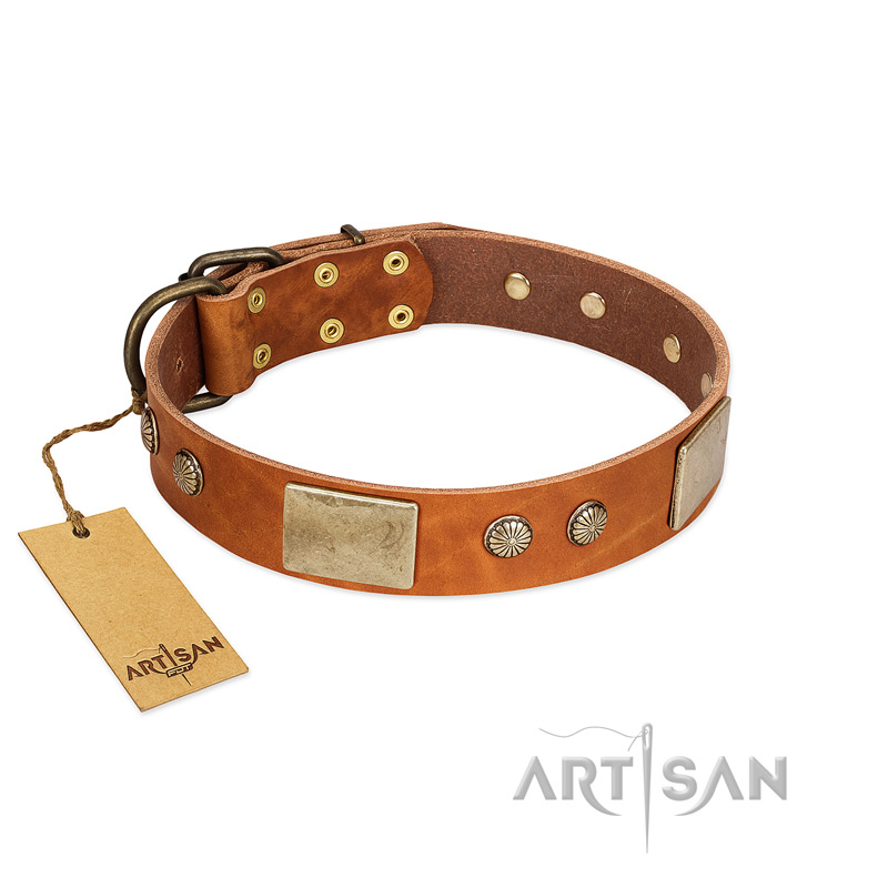 "Ancient Treasures" FDT Artisan Tan Leather Dogue de Bordeaux Collar with Antiqued Plates and Studs
