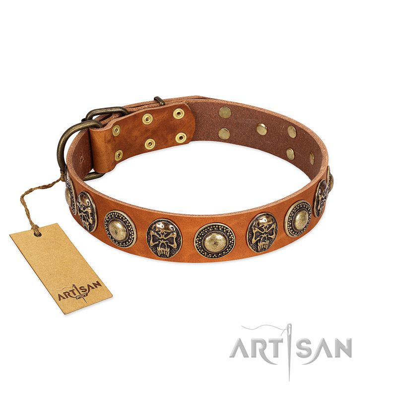 "Golden Epoch" FDT Artisan Tan Leather Dogue de Bordeaux Collar with Old Bronze-plated Medallions and Conchos