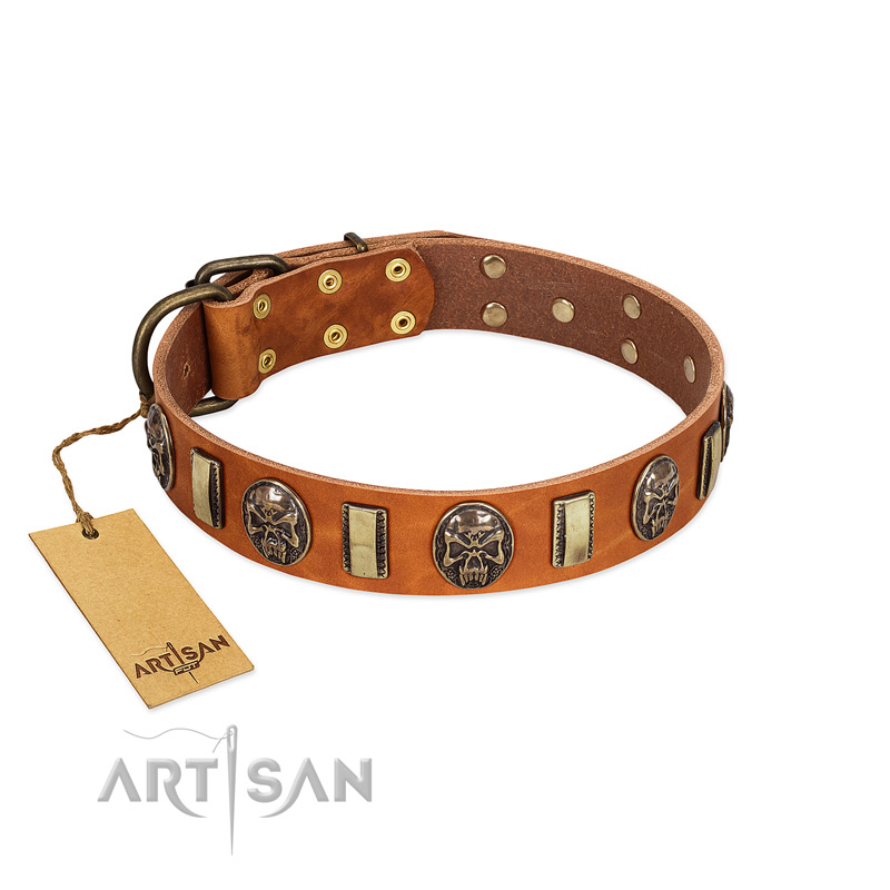"Strike of Rock" FDT Artisan Tan Leather Dogue de Bordeaux Collar with Plates and Medallions with Skulls
