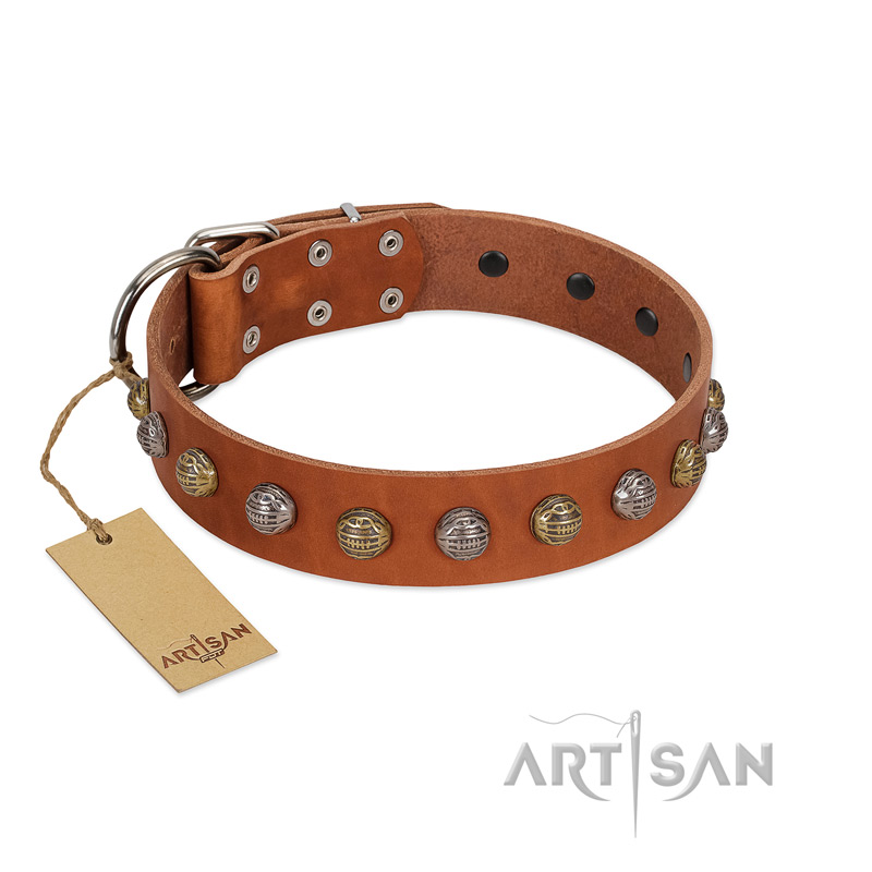 "Dogue-Vogue" FDT Artisan Tan Leather Dogue de Bordeaux Collar with Engraved Chrome-plated Studs