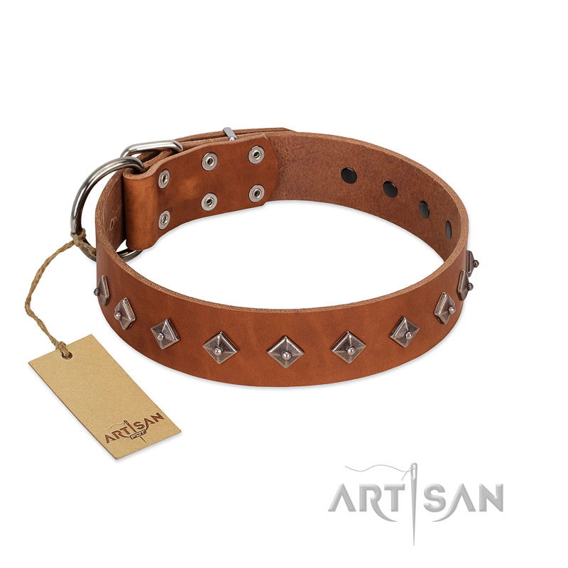 "Broadway" Handmade FDT Artisan Tan Leather Dogue de Bordeaux Collar with Dotted Pyramids