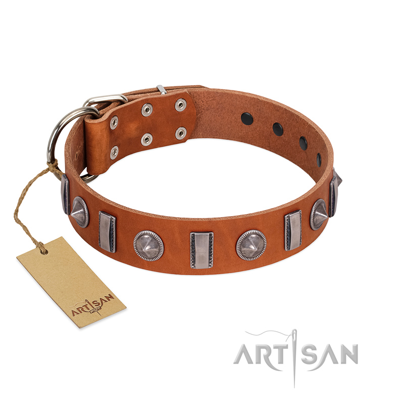 "Luxurious Necklace" FDT Artisan Tan Leather Dogue de Bordeaux Collar with Silver-Like Adornments