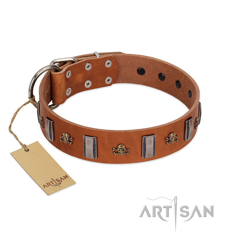 "Golden Crossbones" Handmade FDT Artisan Tan Leather Dogue de Bordeaux Collar with Plates and Skulls