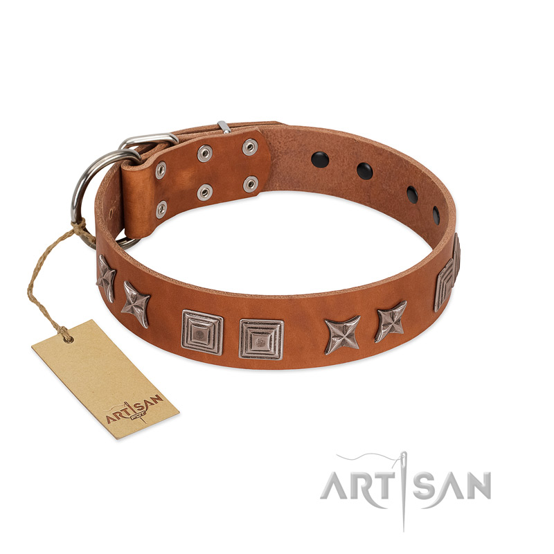"Antique Figures" FDT Artisan Tan Leather Dogue de Bordeaux Collar with Silver-like Engraved Plates