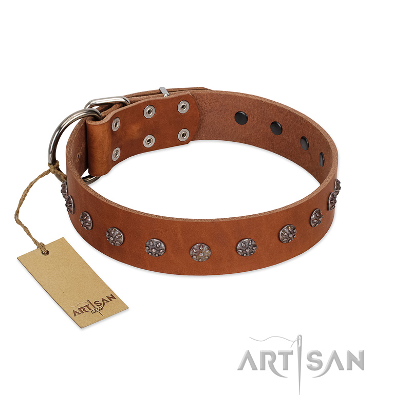 "Daintiness" Designer Handmade FDT Artisan Tan Leather Dogue de Bordeaux Collar with Silver-Like Adornments
