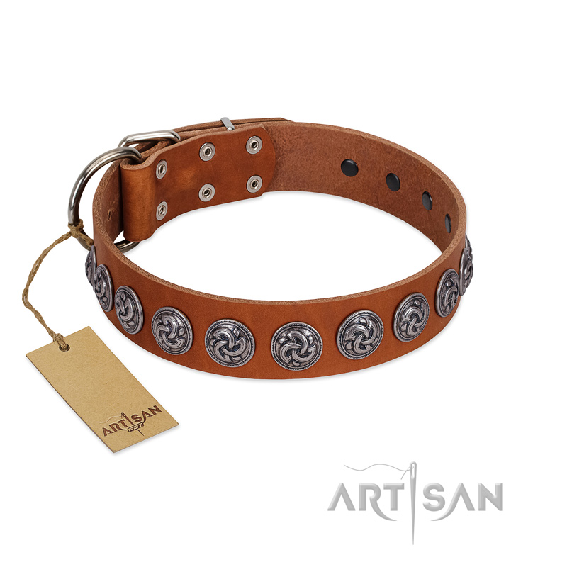 "Velvet Kiss" Handmade FDT Artisan Tan Leather Dogue de Bordeaux Collar with Vintage Medallions