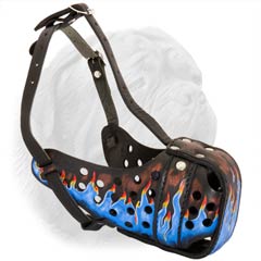 Heavy Duty Quality Leather Muzzle with Steel Bar and Unique Blue Fire Painting